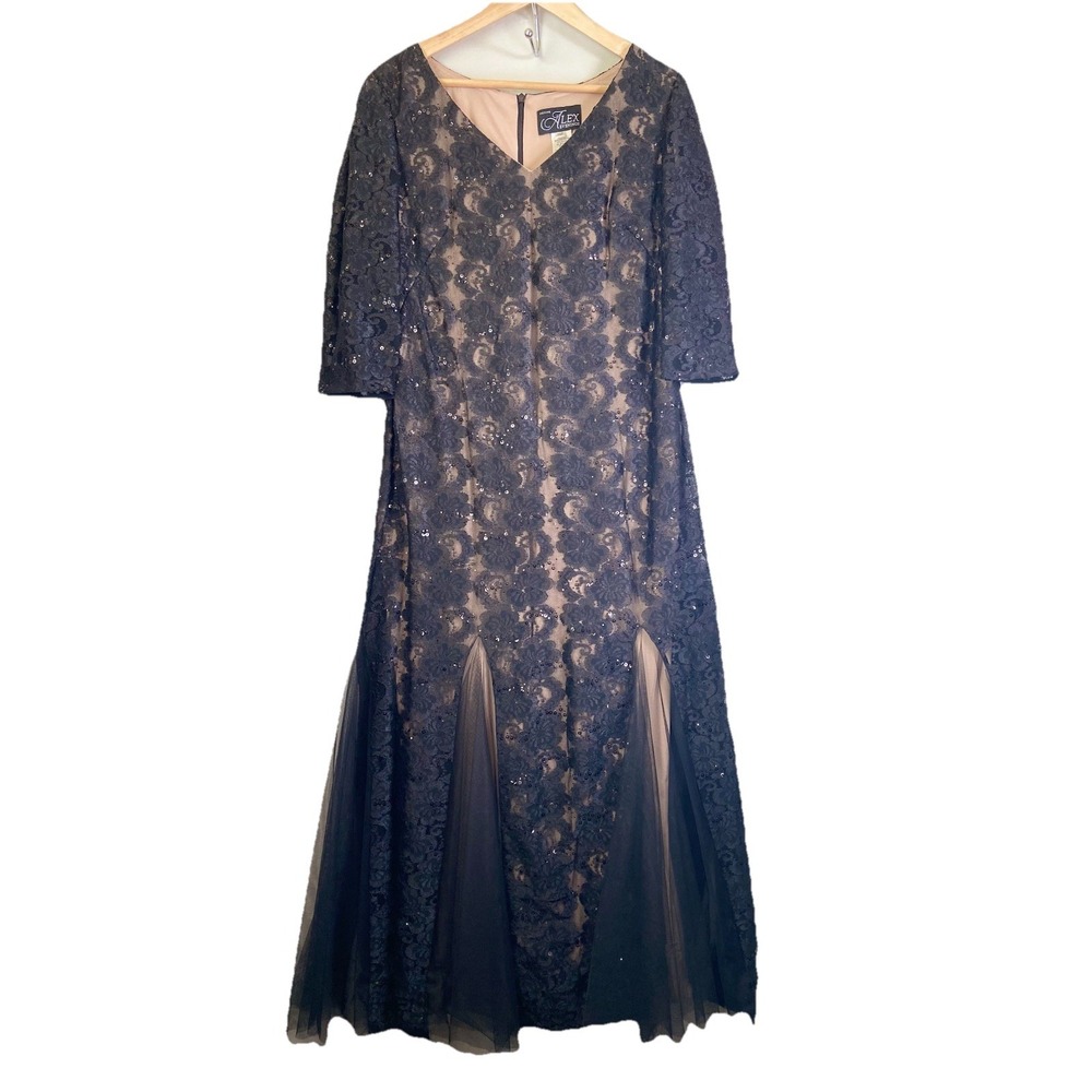 Alex Evenings Dress Womens 14P Black Lace Sequin Long Gown Formal Evening